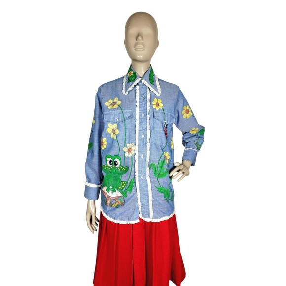 VTG 70s Artsy Hand Painted Eyelet Lace Trim Frog Turtle Ladybug Bee Flowers Top - Picture 3 of 16